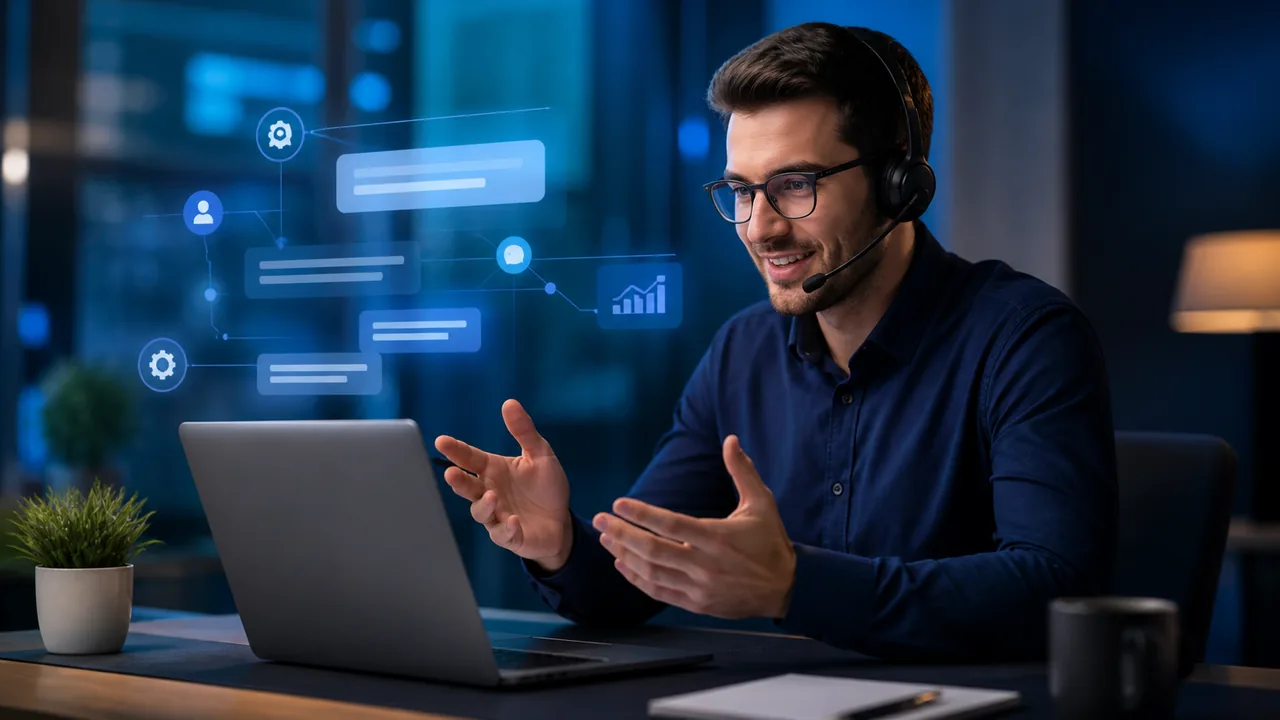 Atendimento tecnológico em ambiente profissional com notebook e interface digital.