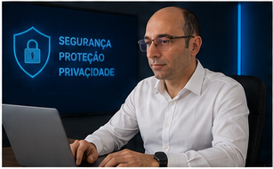William Lima usando notebook ao lado de ilustração sobre segurança, proteção e privacidade digital.