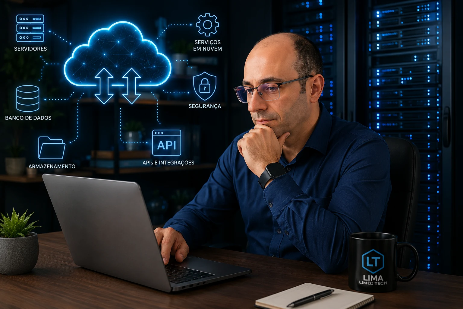 William Lima em ambiente tecnológico com servidores e serviços em nuvem, representando edge computing e infraestrutura distribuída.