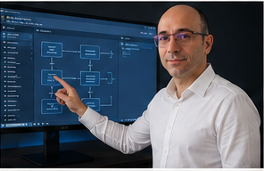 William Lima apontando para fluxograma em tela de desenvolvimento web, representando planejamento antes de publicar um site profissional.