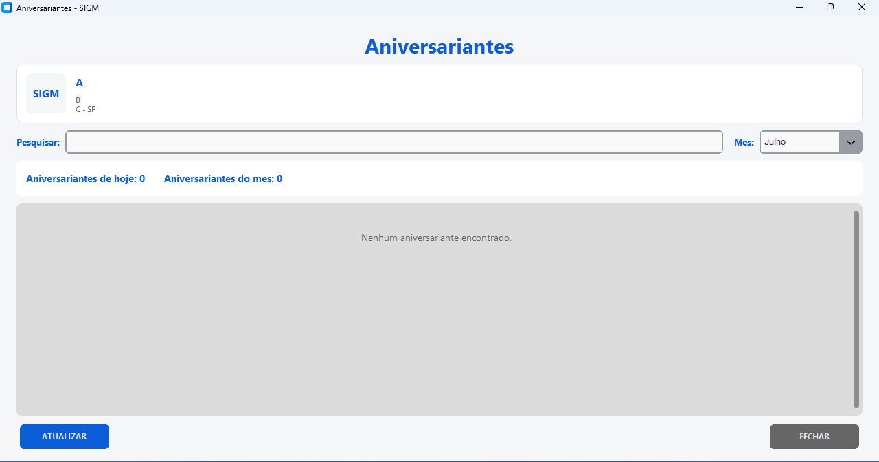 Tela real de aniversariantes do SIGM com filtro de mês e resumo de resultados.