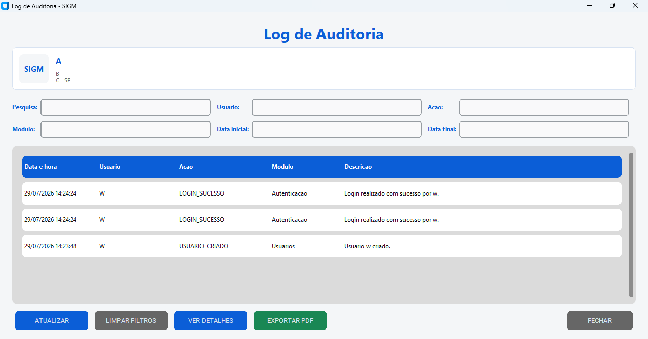 Log real de auditoria do SIGM com filtros por usuário, ação, módulo e data.
