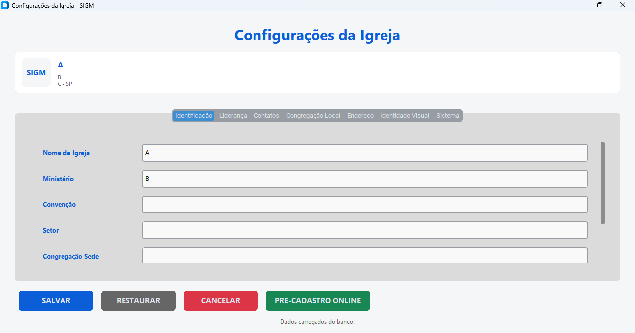 Tela real de configurações da igreja no SIGM com abas de identificação, liderança, contatos e sistema.