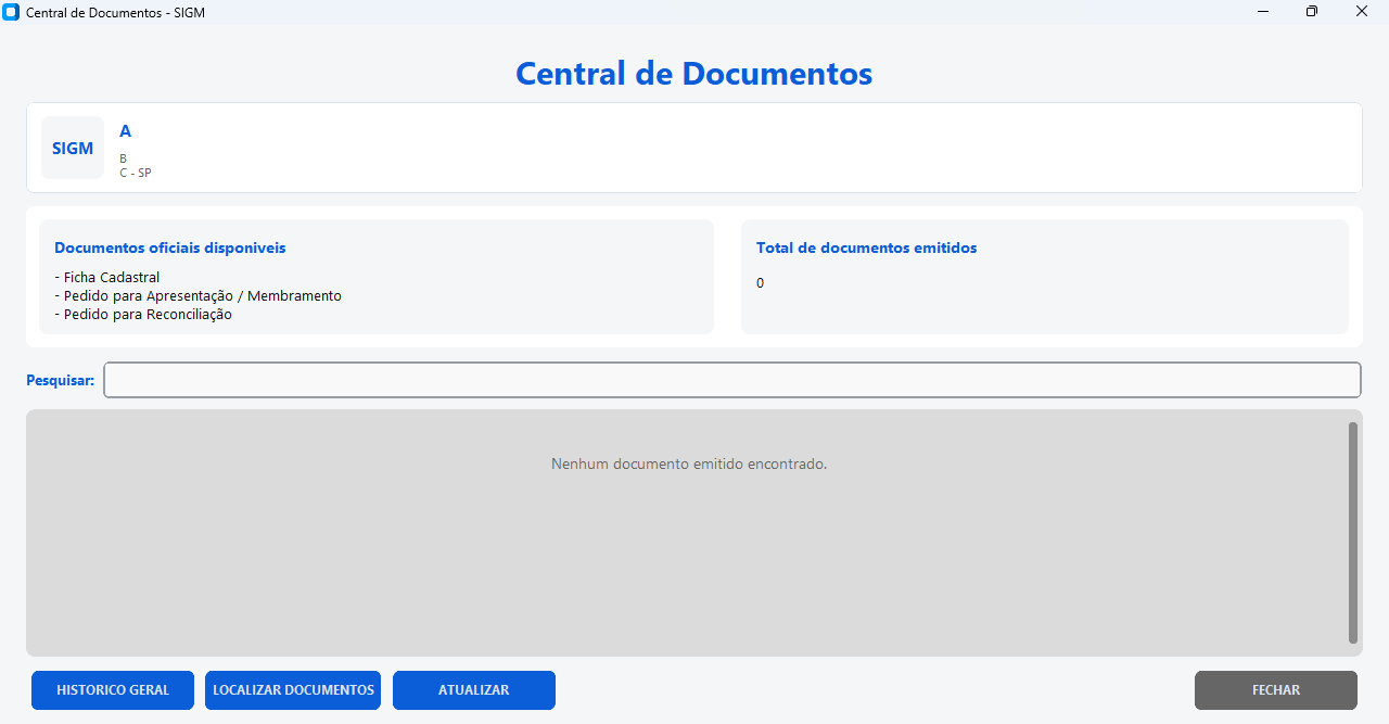 Central real de documentos do SIGM com documentos oficiais disponíveis e total emitido.