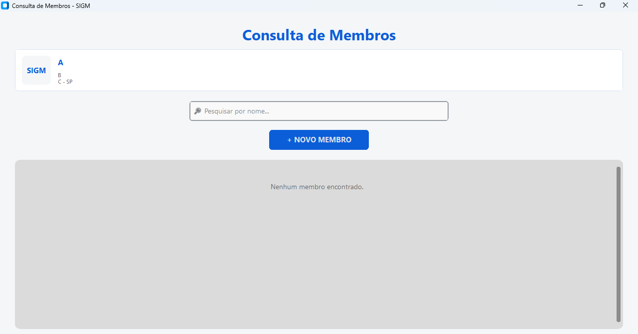 Tela real de consulta de membros com busca por nome e botão de novo membro.