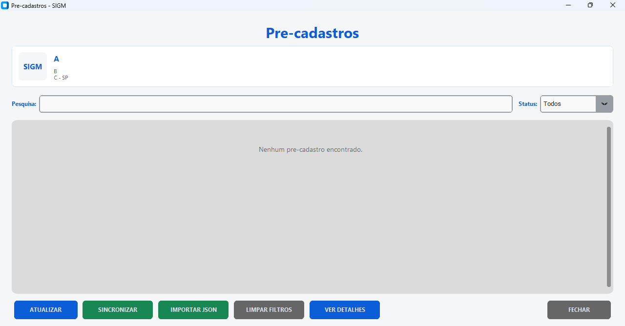 Tela real de pré-cadastros do SIGM com pesquisa, status e botões de sincronização.